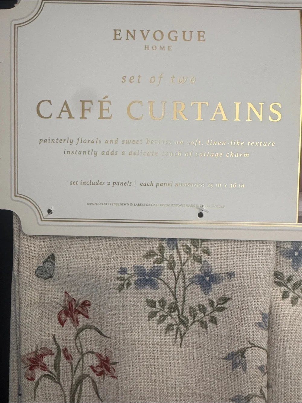 2pc ENVOGUE Café Curtains in Beige with Red Strawberry & Blue Floral Print Set